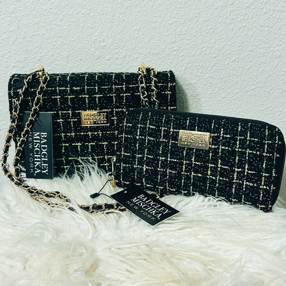 Badgley Mischka Black and Gold Tweed Bag & Wallet Matching Set NWT - Picture 1 of 9